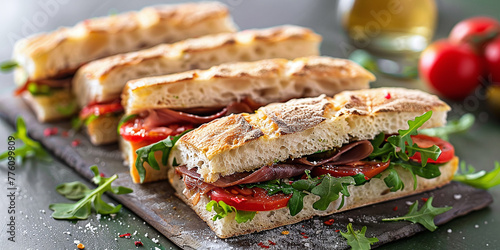 Focaccia sandwiches filled with gourmet Italian ingredients photo