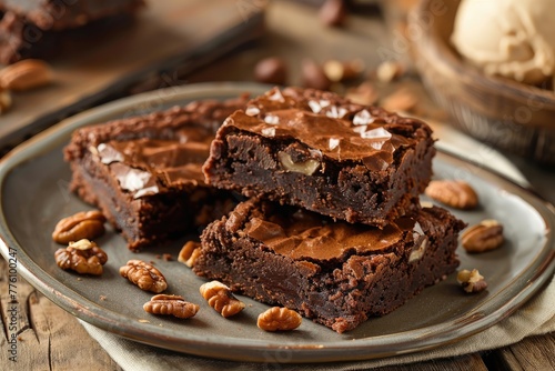Delicious homemade brownies with a fudgy texture and crunchy walnuts, displayed on a plate for a tempting dessert option. photo