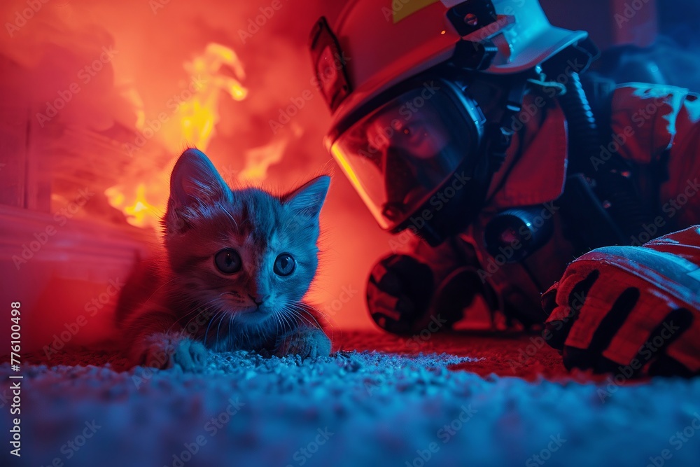 Firefighter using thermal imaging camera to find and save a hidden