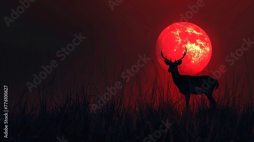 Ethereal night scene, deer shadow cast against a luminous crimson moon, pure nature artistry photo