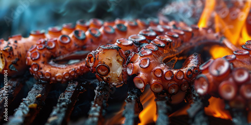 Juicy fried octopus tentacles over an open charcoal flame