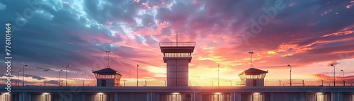 Highsecurity prison complex with cells, guard towers, and security systems , 3D illustration