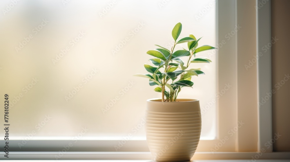 Small green plant in a beige pot sitting on a windowsill