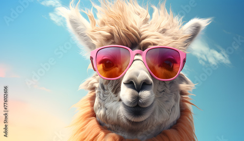 Cute lama with pink glasses on blue background with copy space for text © Oksana