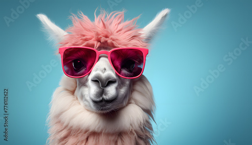 Cute lama with pink glasses on blue background with copy space for text © Oksana