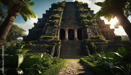 An ancient stone temple rises majestically amongst tropical foliage  its intricate carvings hinting at lost civilizations and histories untold.