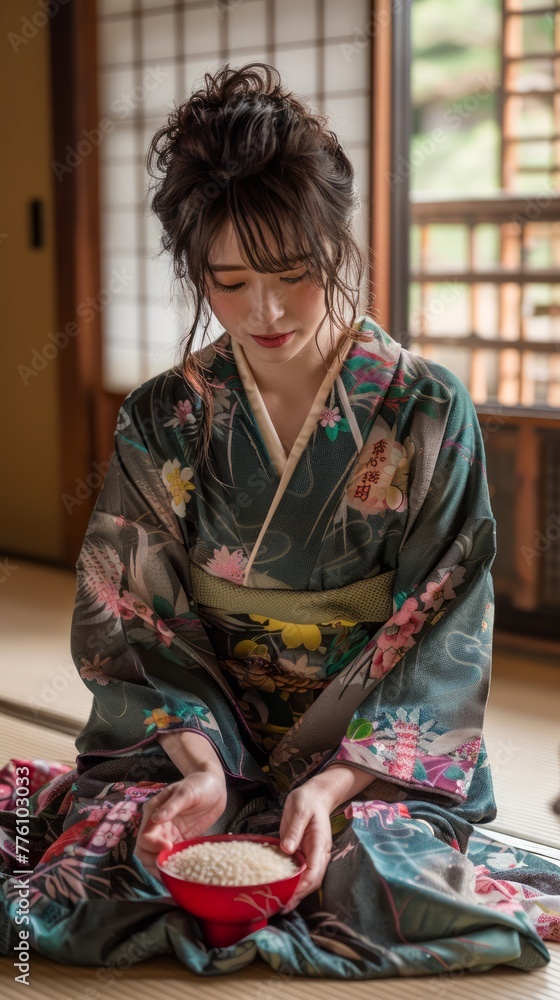 Traditional Japanese Woman in Colorful Kimono Holding Rice Bowl Inside Authentic Wooden Interior Traditional Japanese Woman in Colorful Kimono Holding Rice Bowl Inside Authentic Wooden Interior