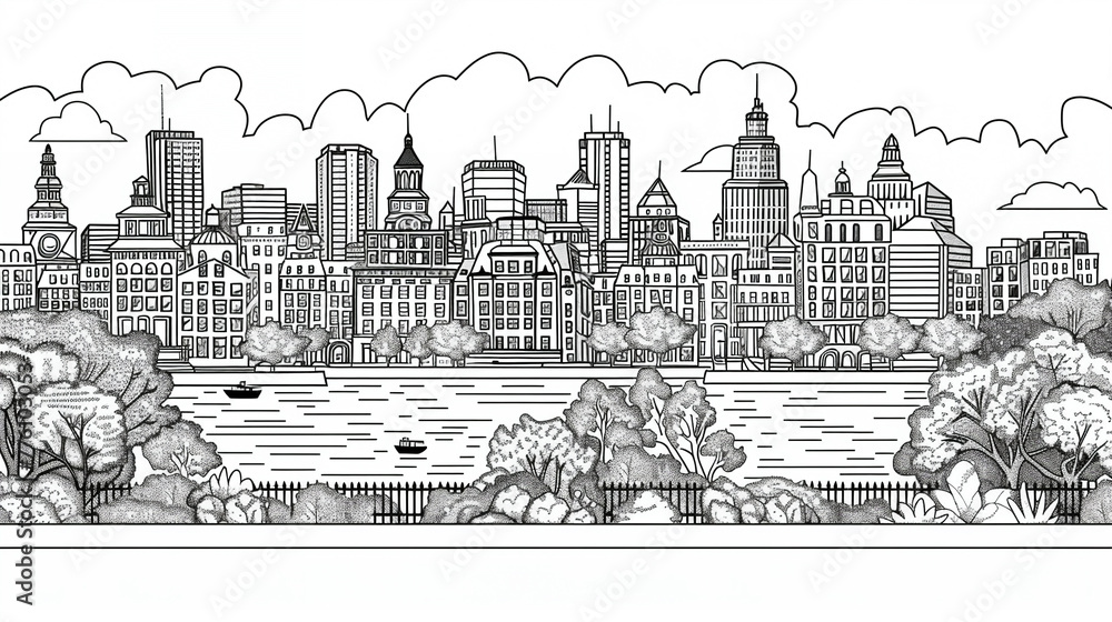 A coloring book page featuring the cityscape of Boston including the Charles River