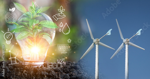 Sustainable development and business operations based on renewable energy CO2 Emission Reduction Concepts Green industries using renewable energy can limit global warming changes. photo