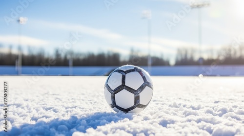 Soccer ball in the snow in an empty stadium