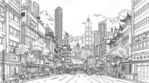 A coloring page for adults depicting the skyline of Tokyo with prominent buildings and bustling streets © MIA Studio