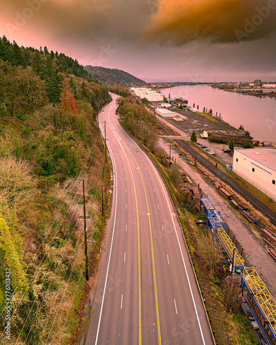 Road, railroad and river in Portland Oregon