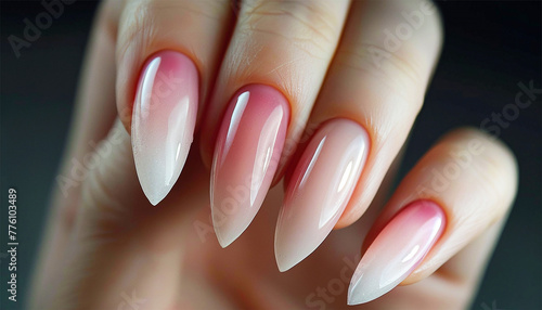 Gel nail extension pink colored. Multicolored manicure with different shades of pink nail Polish on women's hand. close up photo