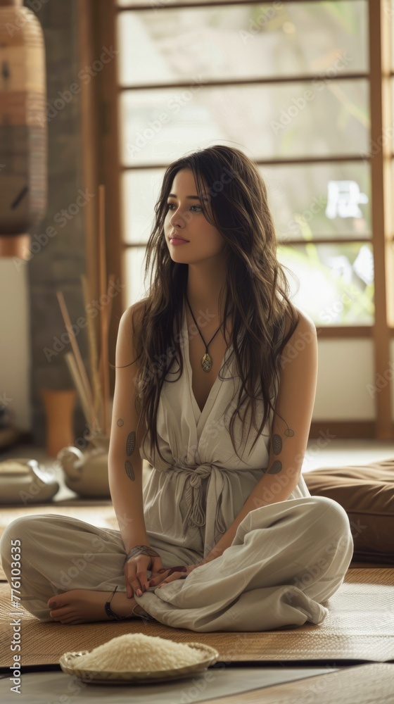 Serene Young Woman Practicing Meditation in a Peaceful Home Environment with Natural Light Serene Young Woman Practicing Meditation in a Peaceful Home Environment with Natural Light