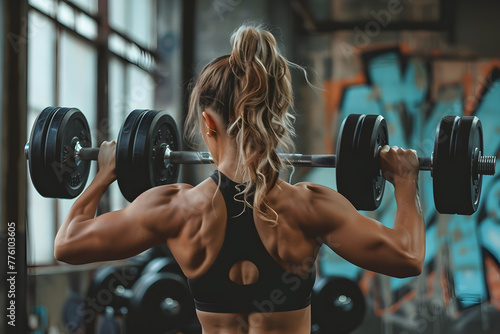 A woman is lifting weights in a gym. She is wearing a black tank top and has long blonde hair. Generative AI