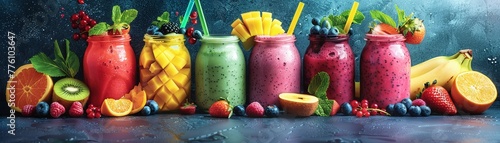 Smoothie making competition, using a variety of tropical fruits to create new flavors , hyper realistic photography photo