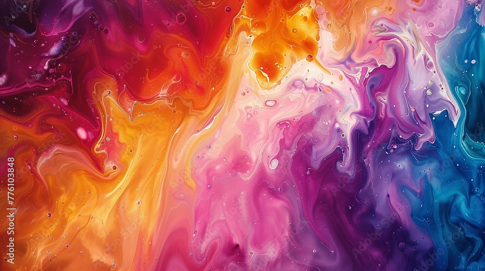 Fluid art painting featuring an explosion of swirling colors, creating a vibrant, abstract canvas