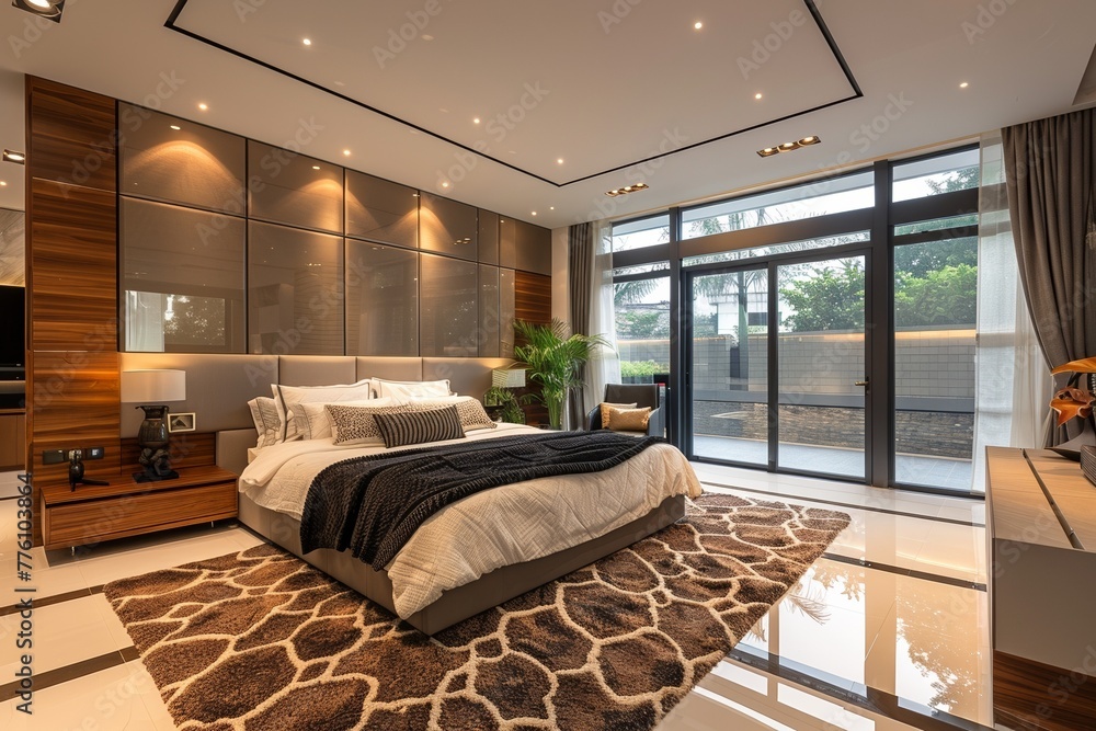 Naklejka premium Contemporary bedroom interior exuding cozy elegance, with trendy furniture, luxurious bedding, and ample natural light.