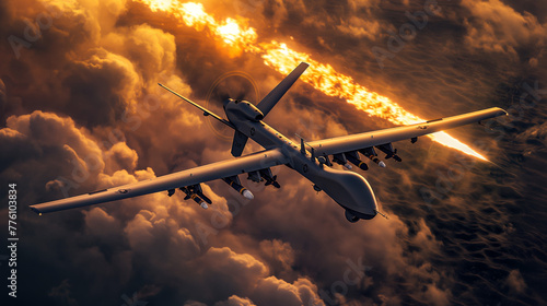 An unmanned combat aerial vehicle (UCAV) flies high above the clouds with weapons ready, against a dramatic sky backdrop