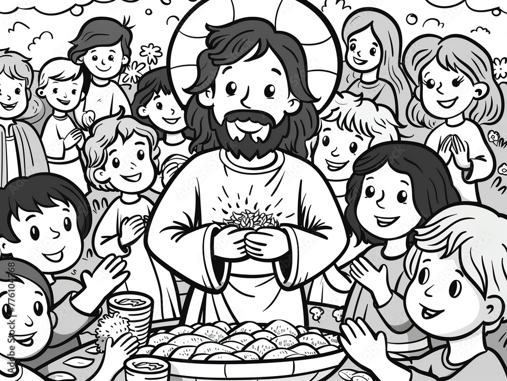 A coloring page of Jesus feeding the five thousand showing Jesus blessing the loaves and fishes with the large crowd gathered around A coloring page of Jesus feeding the five thousand showing Jesus blessing the loaves and fishes with the large crowd gathered around
