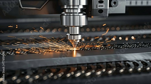 Close-up of a CNC machine laser cutter in action, intense beam slicing through metal with precision, sparks scattering.