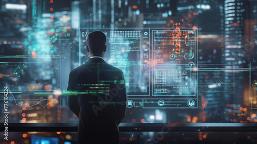 A figure observes intricate digital graphs and data, presenting futuristic analysis and forecasting