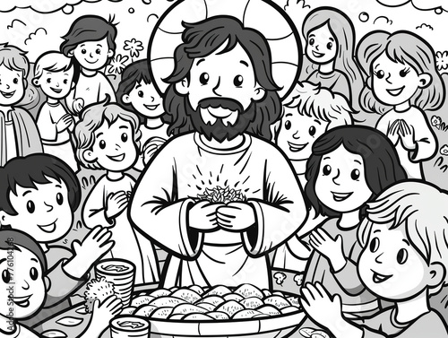 A coloring page of Jesus feeding the five thousand showing Jesus blessing the loaves and fishes with the large crowd gathered around
