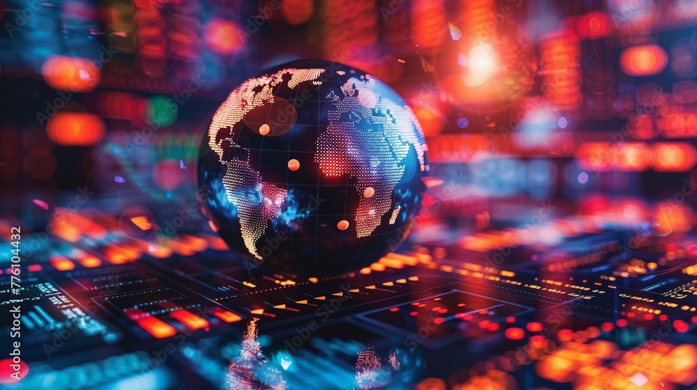 Globe surrounded by diverse currencies and trading symbols, symbolizing global investment flows and exchange dynamics Globe surrounded by diverse currencies and trading symbols, symbolizing global investment flows and exchange dynamics