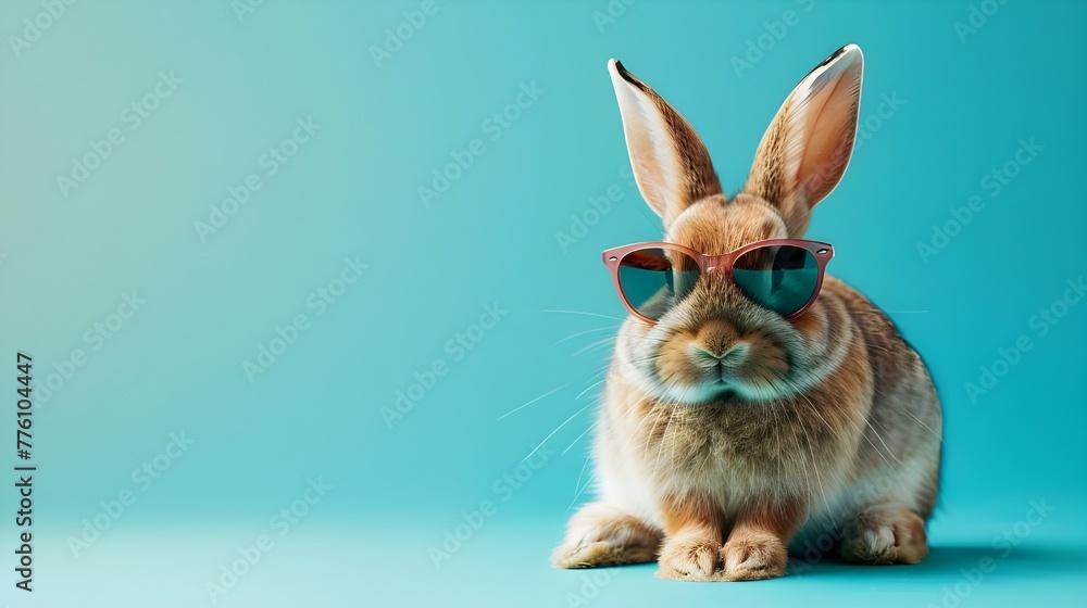 Fototapeta premium Cool bunny wearing sun glasses on color background with space for text