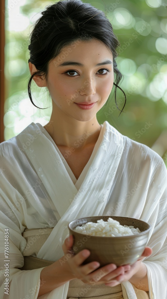 Elegant Young Woman in Traditional Asian Attire Holding a Bowl of Rice with a Serene Smile Elegant Young Woman in Traditional Asian Attire Holding a Bowl of Rice with a Serene Smile