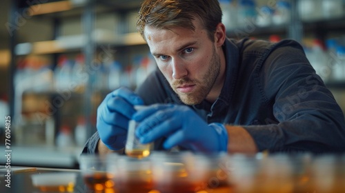 Intense concentration in a lab, a scientist with blue gloves inspects a petri dish, a study of pathogens