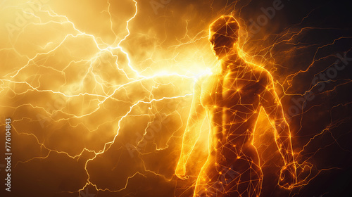 Human form enveloped by a dazzling display of electrical lightning representing energy and power