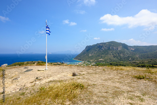 Greek Flag at the Castle of Kefalos on the island of Kos. Greece, Europe