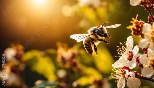 A honey bee mid-flight, skillfully pollinating white blossoms against a sunlit backdrop, capturing the essence of spring. © video rost