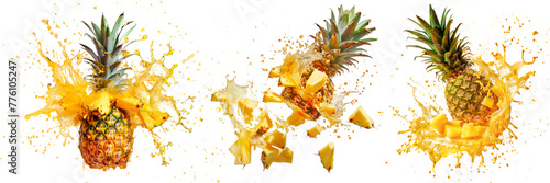 Set of pineapples exploding and bursting into pieces with juice splatters in different directions, isolated on a white or transparent background. Fruit explosion, pineapple juice splashes, side view.