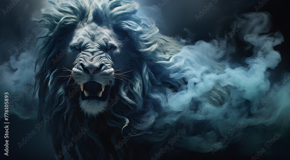 Lion head in white mysterious smoke or fog on black background Lion head in white mysterious smoke or fog on black background