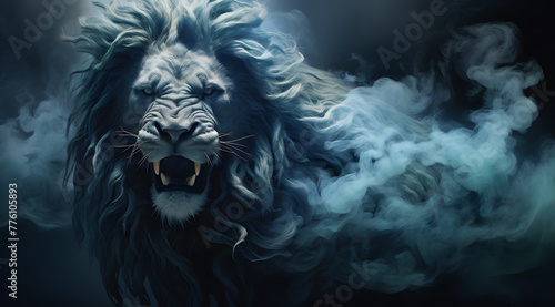 Lion head in white mysterious smoke or fog on black background