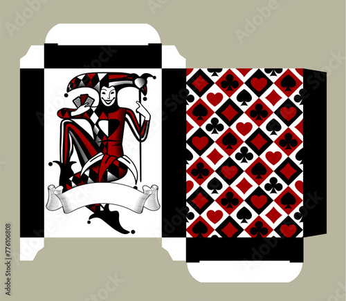 Playing cards tuck box template with Joker and ribbon banner in vintage engraving style and with background with playing card suit symbols. Vector  illustration. © Raman Maisei