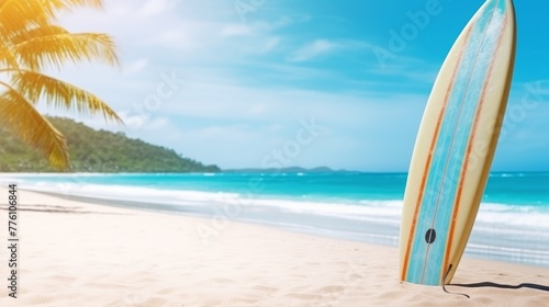 Summer Vacation Background   Surfboard on sand tropical beach.