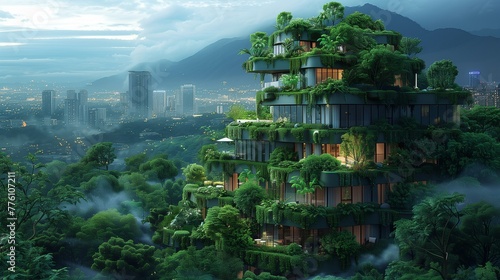 Urban environment incorporating pothos and greenery as integral architectural elements for sustainable cityscapes