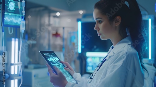 A young woman doctor using innovative technology virtual in pharmaceutical science research. Medical science and development concept.