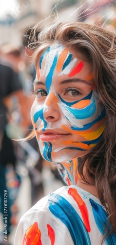 white woman with face painted the flag of France. in high resolution and high quality. aspect ratio 9:16 wallpaper patriotism,woman