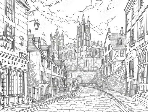 An adult coloring book page of the quaint town of Canterbury showcasing the Canterbury Cathedral