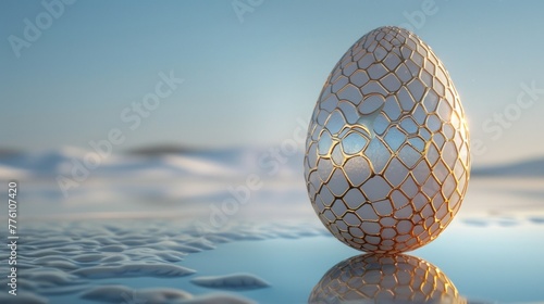 Artistic Easter elegance  An ivory and gold-patterned egg against a clear sky  a minimalist and luxurious take on traditional Easter themes