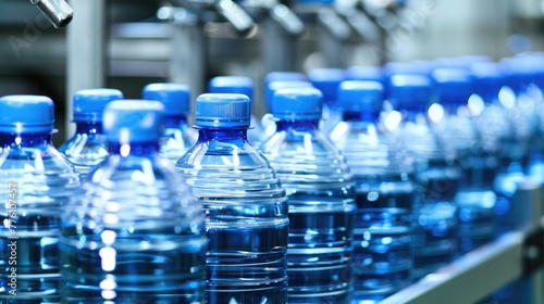 Row of bottled water bottles moving along a conveyor belt in a modern production plant