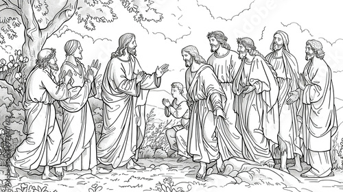 An adult coloring page of Jesus healing the sick showing various individuals approaching Jesus for healing