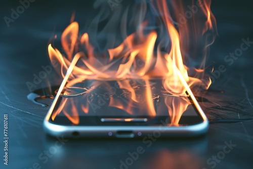 A cell phone shows flames on its screen, emitting a fiery glow