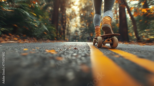 A young female skateboarder rides along a forest road on a stylish skateboard, close up. Summer sports, activities, fashion © Natalia S.