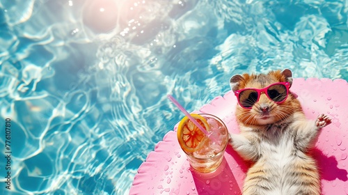 A hamster in sunglasses and with a glass of cold lemonade lies sunbathing on a swimming mattress in the pool. Summer holidays, beach holiday, vacation, relaxation photo