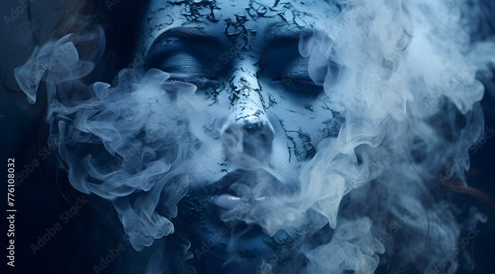 Mysterious woman in smoke or fog with beautiful hair portrait monochrome style, blue color Mysterious woman in smoke or fog with beautiful hair portrait monochrome style, blue color